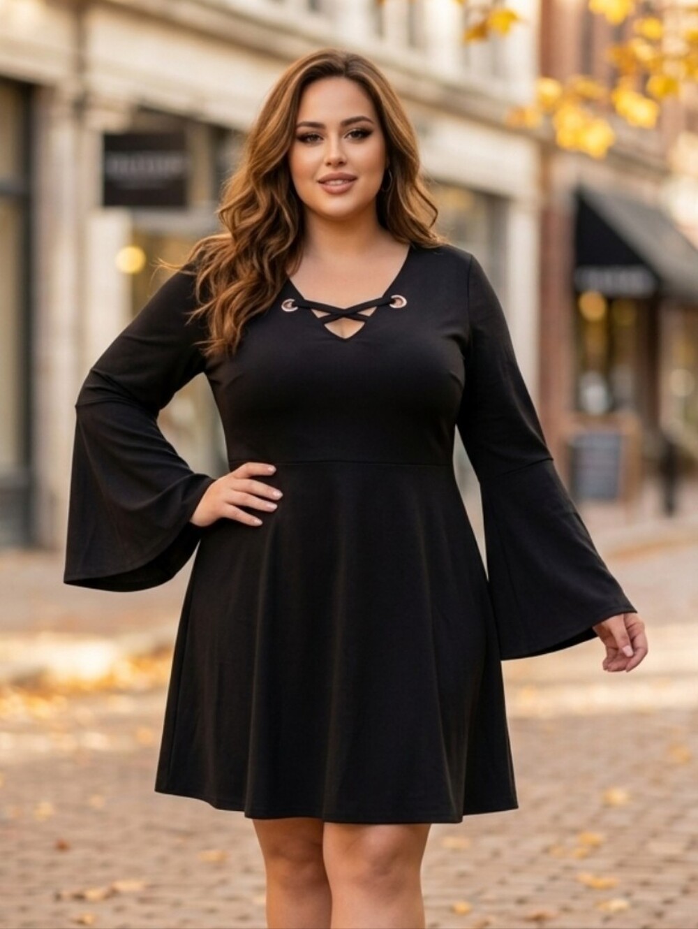 Torrid Black V‑Neck Bell Sleeve Tunic Dress